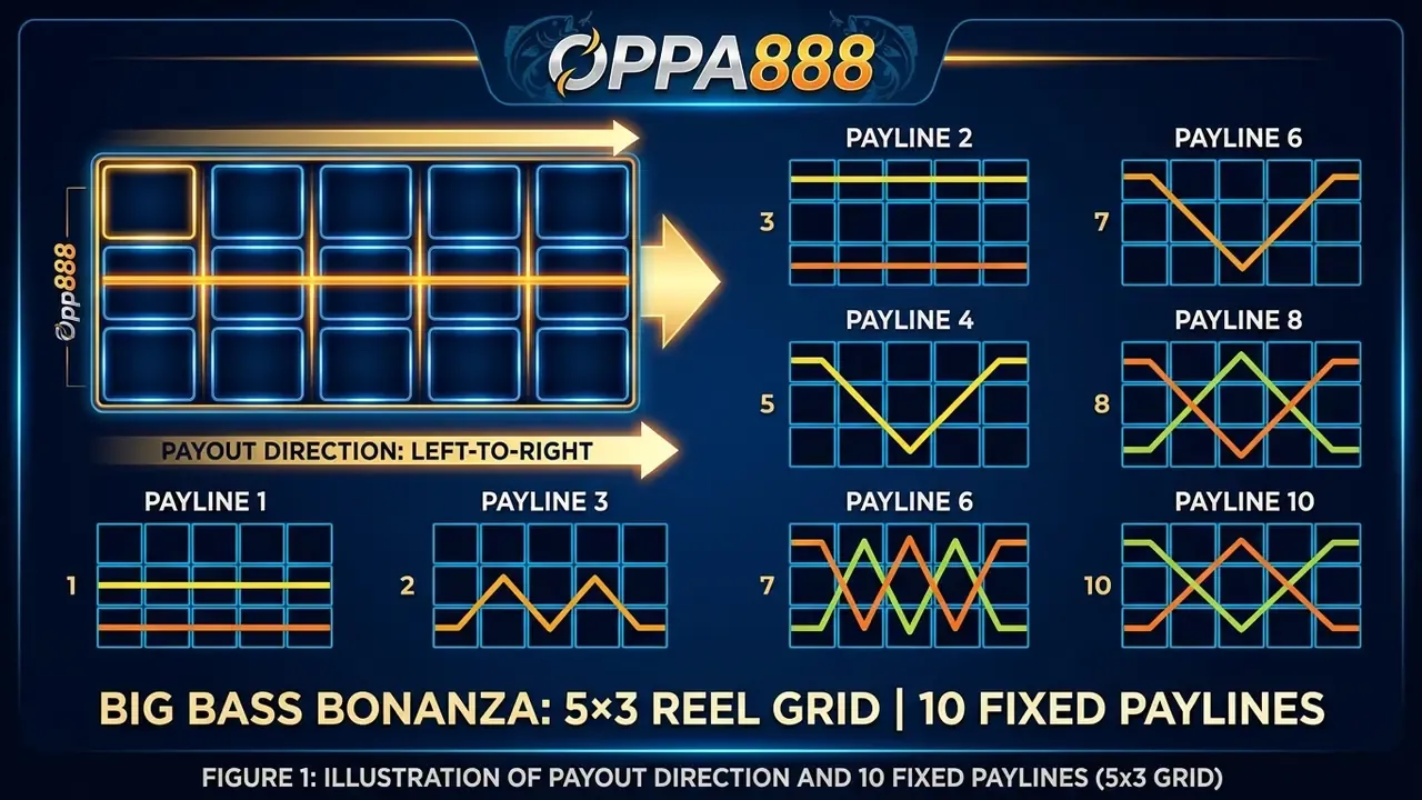 Big Bass Bonanza slot 5x3 reel grid and 10 fixed paylines